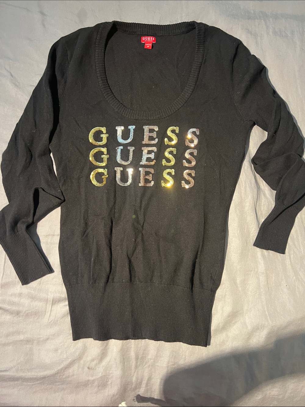 GUESS Black Scoop-Neck Sweater with Iridescent Logo